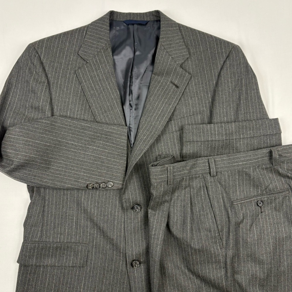 VTG 90s Burberry London Wool Flannel Suit 39R Relaxed Charcoal w/Gray Pinstripe